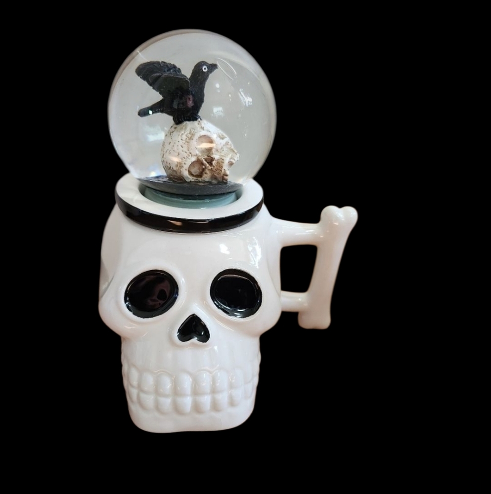 Skull Mug with Snow Globe Topper Raven